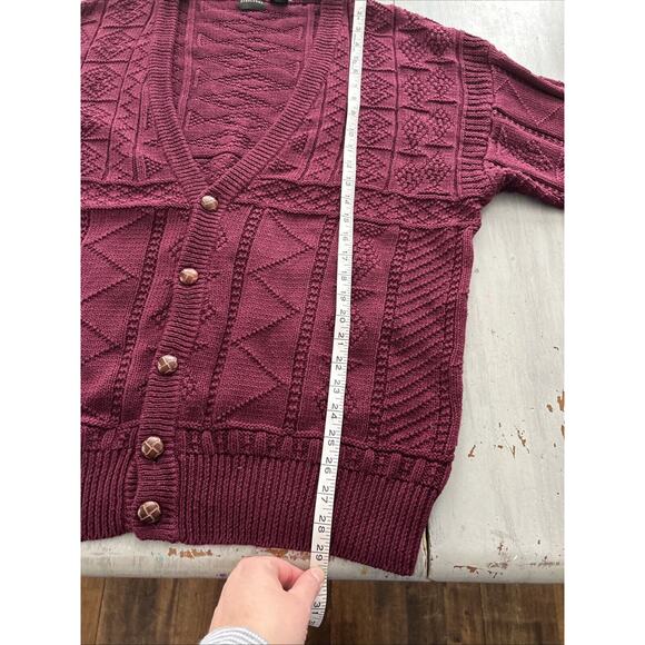 Vtg Structure Burgundy Cable Knit Fisherman Leather Buttons Cardigan Sz L 90s - Picture 6 of 10